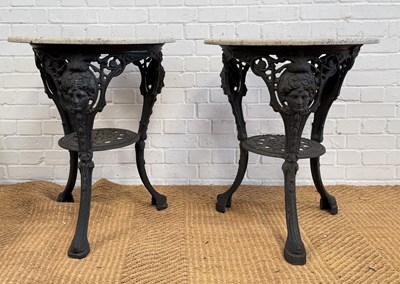 Lot 996 - A PAIR OF CAST IRON PUB TABLES WITH STONE TOPS