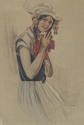 Lot 765 - A W G EASTON (BRITISH, B.1879) WATERCOLOUR PORTRAIT OF A YOUNG GIRL IN NATIONAL COSTUME