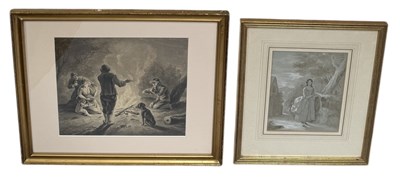 Lot 818 - MANNER OF DAVID TENIERS, MONOCHROME WATERCOLOUR OF FIGURES AROUND A FIRE AND A ALFRED RANKLEY MONOCHROME PICTURE OF A YOUNG GIRL