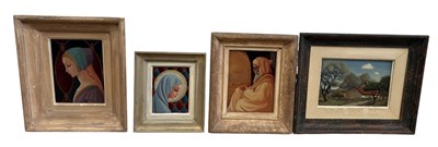 Lot 743 - P REVOLTON, FRENCH MID 20TH CENTURY: A PORTRAIT OF A LADY IN MEDEIVAL DRESS, ETCHED AND REVERSE PAINTED GLASS PANEL ALONG WITH THREE OTHERS SIMILAR
