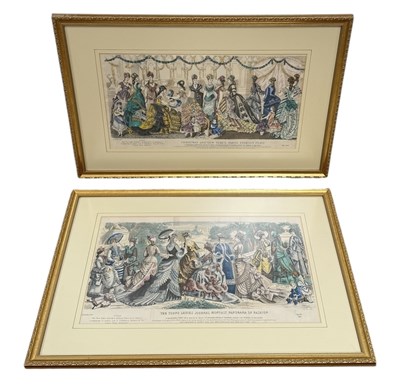 Lot 824B - A PAIR OF 19TH CENTURY HAND COLOURED PANORAMIC FASHION ENGRAVINGS BY LEON SAULT OF PARIS FOR THE YOUNG LADIES JOURNAL DATED 1876