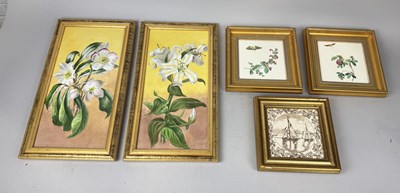 Lot 543A - A PAIR OF LATE 19TH CENTURY MINTONS CERAMIC TILES, EACH PAINTED IWTH A FLORAL STUDY TOGETHER WITH TWO SIMILAR COPELAND TILES