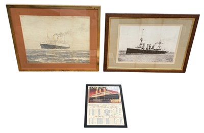 Lot 796 - MARITIME INTEREST: A WATERCOLOUR PAINTING ON PAPER DEPICTING A SHIP, SIGNED GUY BIRCH ALONG WITH A PHOTOGRAPH AND A CANADIAN PACIFIC POSTER