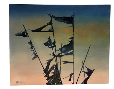 Lot 932 - AN OIL PAINTING ON CANVAS DEPICTING FLAGS