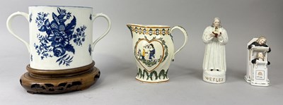 Lot 646 - A CERAMIC TWIN HANDLE MUG ON STAND ALONG WITH A PRATT WARE JUG, TWO STAFFORDSHIRE FIGURES