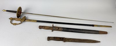 Lot 1211 - A FENCING FOIL, DRESS SWORD, AND TWO BAYONETS