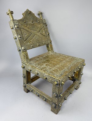 Lot 2 - A 19TH CENTURY AFRICAN TRIBAL ASHANTI GILT METAL CLAD THRONE CHAIR