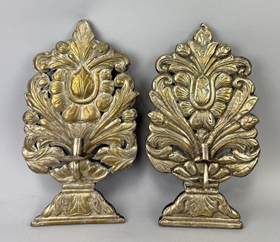 Lot 97 - A PAIR OF SPANISH COLONIAL WALL SCONCES, SILVER BRASS ON WOOD