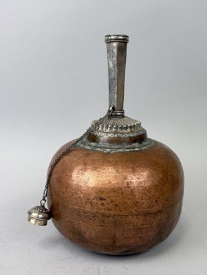 Lot 29 - A MUGHAL INDIAN COPPER WINE COOLING BOTTLE WITH SILVER MOUNTS, NORTHERN INDIA, 18TH CENTURY