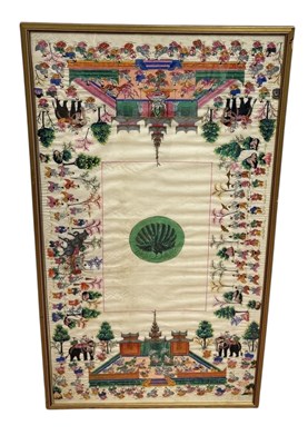 Lot 58 - A COLONIAL BURMESE PAINTED SILK TEXTILE, MANDALAY, BURMA, LATE 19TH CENTURY