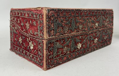 Lot 50 - AN OTTOMAN TURKISH WOODEN BOX COVERED WITH VELVET AND COUCHED METALLIC THREAD, SEWN WITH PSUEDO PEARLS, OTTOMAN TURKEY CIRCA 18TH CENTURY