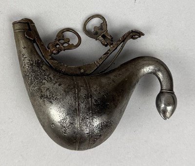 Lot 137 - A PERSIAN STEEL POWER FLASK, IRAN/PERSIA CIRCA 18TH CENTURY