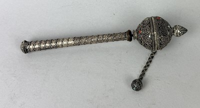 Lot 132 - A TIBETAN PRAYER WHEEL DECORATED WITH FINE SILVER FILIGREE, SET WITH CORAL AND TURQUOISE CABOCHONS, TIBET, EARLY 20TH CENTURY