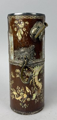 Lot 131 - A CHINESE OR VIETNAMESE MOTHER OF PEARL INLAID WOODEN TOBACCO SMOKING WATER PIPE WITH WHITE METAL MOUNTS, CHINA OR VIETNAM