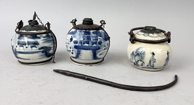 Lot 82 - THREE VIETNAMESE BLUE AND WHITE PORCELAIN SMOKING WATER PIPE VESSELS WITH METAL MOUNTS, VIETNAM, 19TH CENTURY