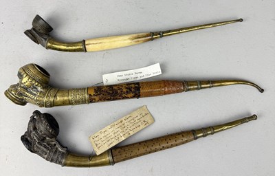 Lot 63 - THREE EARLY NORTHERN THAI OR BURMESE TOBACCO PIPES WITH BRASS AND TERRACOTTA PIPE BOWLS (3)