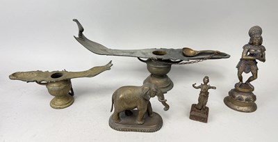 Lot 108 - A SOUTH INDIAN RITUAL OIL LAMP, SIMILAR SMALL LAMP, ELEPHANT, SOUTH INDIAN BRONZE IMAGE OF A FEMALE DEITY