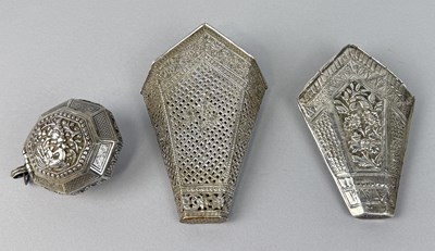 Lot 93 - THREE STRAITS CHINESE SILVER BETEL ITEMS: A BETEL BOX AND TWO BETEL LEAF HOLDERS, MALAYSIA/SINGAPORE, 19TH CENTURY