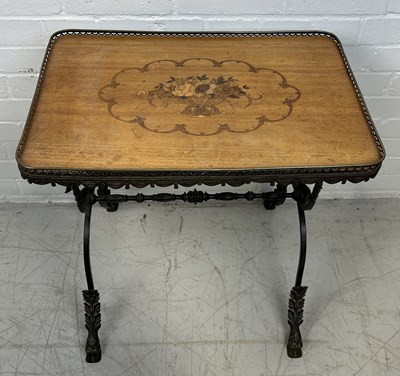 Lot 1053 - A 19TH CENTURY FRENCH BRONZE TABLE WITH MARQUETRY INLAID TOP SWAN NECK ENDS, ACANTHUS LEAF LEGS AND HOOF FEET