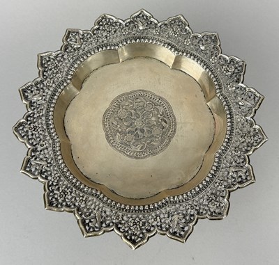 Lot 28 - A THAI SILVER PEDESTAL TRAY OR TAZZA WITH PIERCED RIM AND FOOT, THAILAND, 19TH CENTURY