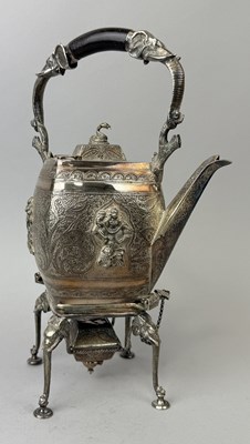 Lot 114 - AN INDIAN WHITE METAL KETTLE, STAND AND BURNER, EARLY 20TH CENTURY