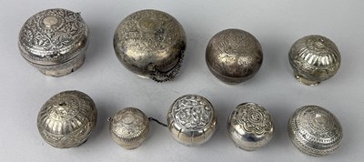 Lot 27 - A COLLECTION OF NINE MALAY SILVER BETEL BOXES, MALAYSIA/SINGAPORE, 19TH CENTURY (9)