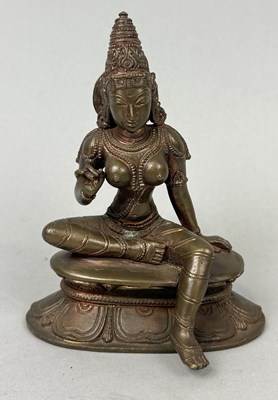 Lot 150 - AN INDIAN BRONZE SEATED FIGURE OF PARVATI, SOUTH INDIA, CIRCA 1900