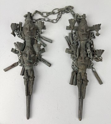 Lot 42 - AN ELABORATE PAIR OF TRIBAL AFRICAN YORUBA BRONZE OGBONI INITIATE'S EDEN STAFFS, YORUBA, NIGERIA, 19TH-20TH CENTURY