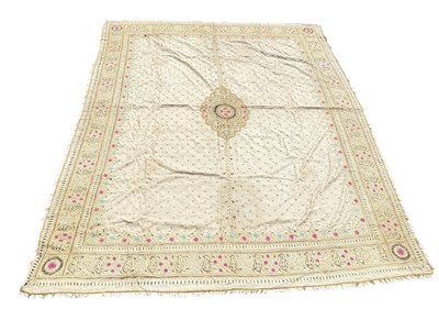 Lot 164 - AN INDIAN TEXTILE COUCHED WITH GOLD THREAD AND COLOURED SILK, INDIA, CIRCA 1920