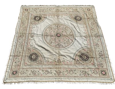 Lot 165 - AN INDIAN TEXTILE COUCHED WITH GOLD THREAD AND COLOURED SILK, INDIA, CIRCA 1920