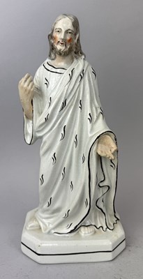 Lot 463 - STAFFORDSHIRE, JESUS CHRIST, STANDING FIGURE BECKONS WITH THE LARGE RIGHT HAND AND OFFERS WITH HIS LEFT, CIRCA 1860'S