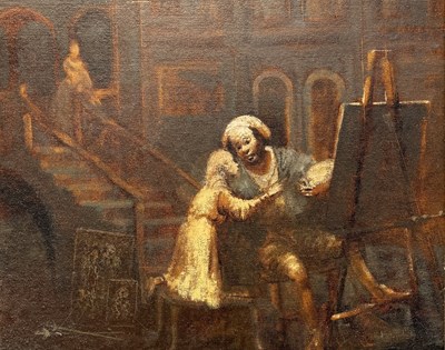 Lot 735 - TOM KEATING (BRITISH 1917-1984): AN OIL PAINTING ON CANVAS BOARD 'REMBRANDT'S STUDIO'