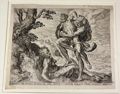 Lot 713 - HIERONYMOUS COCK AFTER FRANS FLORIS, AN ENGRAVING ON PAPER 'HERCULES AND ANTANEUS'