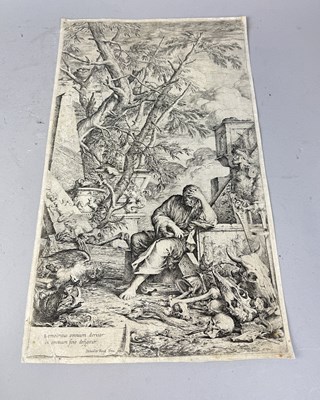 Lot 691 - SALVATOR ROSA: AN ETCHING WITH DRYPOINT ON LAID PAPERDEMOCRITUS IN MEDITATION