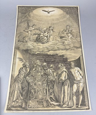 Lot 694 - JOHN BAPTIST JACKSON AFTER TITIAN: A WOODCUT PRINT ON PAPER 'THE MADONNA IN THE CLOUDS'