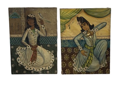 Lot 736 - A PAIR OF LARGE INDIAN OIL PAINTINGS ON CANVAS DEPICTING A LADY WITH A BIRD AND ANOTHER LADY