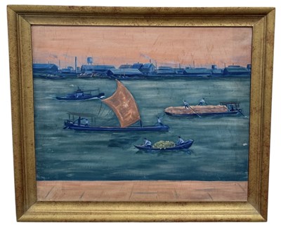 Lot 751 - A CHINESE OIL PAINTING ON CANVAS/BOARD DEPICTING A SHANGHAI RIVER SCENE WITH BOATS C.1930S
