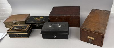 Lot 1207 - AN ANTIQUE BRASS CASH BOX ALONG WITH OTHER BOXES