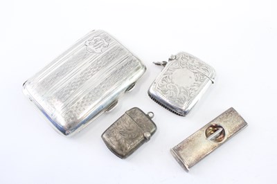 Lot 347 - FOUR .925 STERLING SILVER TOBACCIANA TO INCLUDE VESTAS, CIGARETTE CASE, ETC
