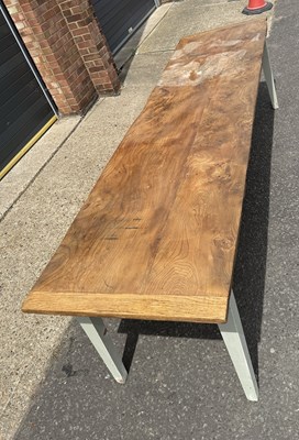 Lot 983 - A LARGE FARMHOUSE STYLE TABLE WITH BURR WOOD PLANK TOP, POSSIBLY ELM