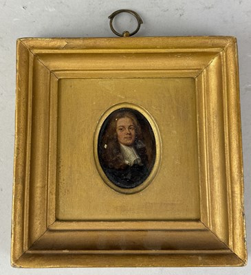 Lot 752 - AFTER SIR PETER LELY: A PORTRAIT MINIATURE OIL PAINTING ON COPPER DEPICTING 'COWLEY'
