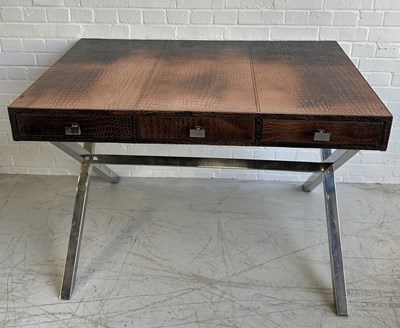 Lot 633 - AN ANDREW MARTIN DESK WITH CROCODILE SKIN TOP AND CHROME LEGS