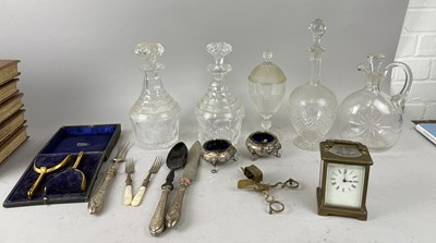 Lot 565 - CEREMONIAL GILT SPURS BY MAXWELL OF LONDON, TOGETHER WITH SILVER HANDLE CUTLERY, DECANTERS, INCLUDING GEORGIAN, FRENCH MANTEL CLOCK, NUTCRACKER, PLATED SALTS