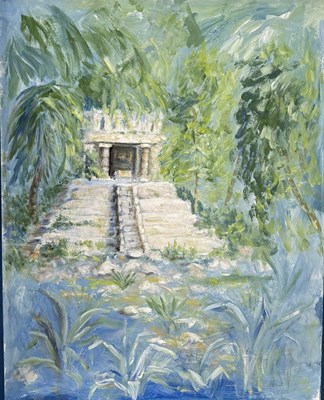 Lot 913 - A LARGE OIL PAINTING ON BOARD DEPICTING AN INDIAN TEMPLE