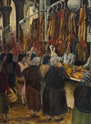 Lot 837 - PETER JOHNSTON: AN OIL PAINTING ON BOARD 'VALENCIA MARKET'