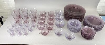 Lot 1187 - AN ETCHED PURPLE GLASS DINNER SERVICE TO INCLUDE PLATES, CUPS, DRINKING GLASSES, ETC