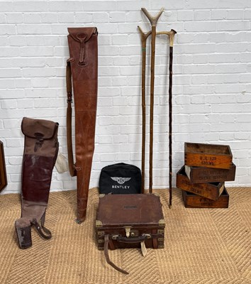 Lot 566 - A WILLIAM EVANS BROWN LEATHER GUN CARTRIDGE CASE ALONG WITH FOUR BOXES INCLUDING ONE MARKED ROLLS ROYCE