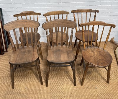 Lot 1016 - A SET OF SIX COUNTRY HOUSE PINE SPINDLE BACK KITCHEN CHAIRS