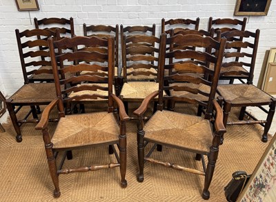 Lot 991 - TWO SETS OF COUNTRY HOUSE LADDER BACK CHAIRS WITH RUSH SEATS