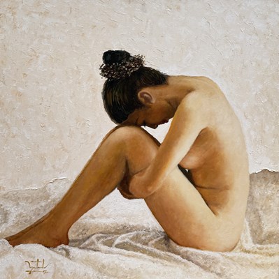 Lot 842 - A LARGE OIL PAINTING ON CANVAS DEPICTING A NUDE LADY